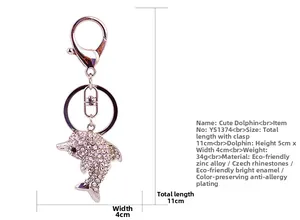 Detailed view of rhinestone dolphin keychain with silver lobster clasp and dimensions