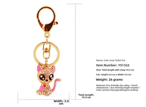 Detailed size specifications for the rhinestone-studded cat keychain with dimensions