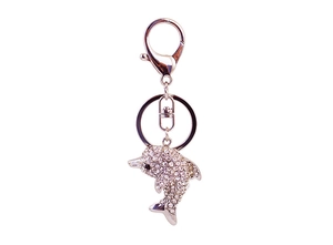 Detailed view of dolphin keychain with sparkling crystal rhinestones and silver-tone finish