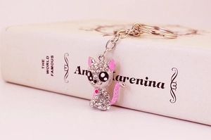Detail of a sparkling rhinestone cat keychain with pink ears next to a beige book