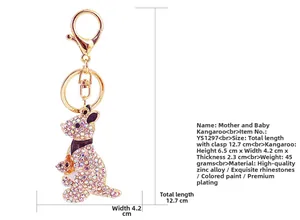 Détail du porte-clés kangourou avec strass colorés et dimensions affichées