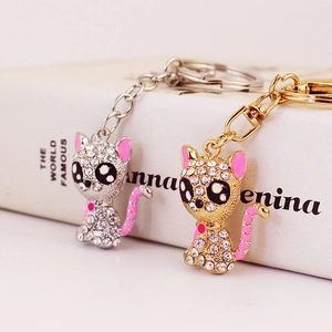 Cute Rhinestone Cat Keychain Zinc Alloy Enamel Kitten Bag Charm Car Key Ring Luxurious Jewelry Gift For Women