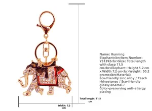 Detailed size specifications of a gold elephant keychain with sparkling rhinestones