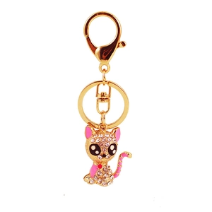 Sparkling pink rhinestone sitting cat keychain pendant with gold-plated metal clasp