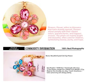 Detail view of crystal cat's eye flower keychain showing pink and blue 11.3cm pendants