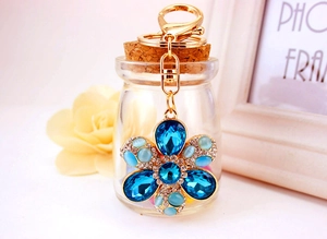 Close-up of sapphire blue crystal flower keychain with gold-tone hardware and cat eye stone