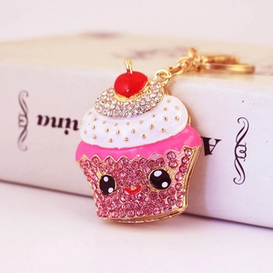 Cute rhinestone cupcake keychain with pink crystals and gold base for women handbag