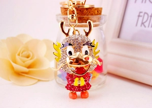 Detailed view of dragon keychain with red rhinestones and golden enamel accents