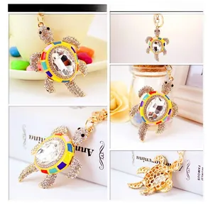 Detailed views of crystal sea turtle keychain with colorful enamel and gold finish