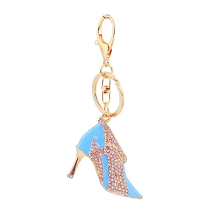Sparkling rhinestone high heel keychain in sky blue enamel with golden swivel lobster clasp