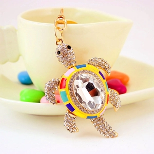 Sparkling crystal sea turtle keychain with colorful enamel shell and golden lobster clasp