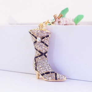 Golden boot keychain pendant with rhinestones and black enamel for women bags
