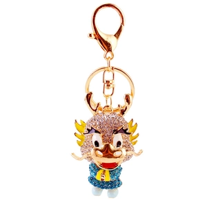 Chinese zodiac dragon keychain with sparkling rhinestones and golden metal finish