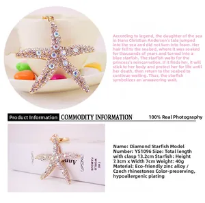Close-up of crystal starfish keychain with detailed dimensions 13.2cm length and zinc alloy