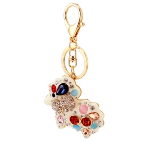 Creative sheep keychain with colorful rhinestones and gold-tone clasp on white background
