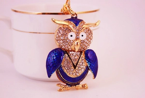 Detail of owl keychain with sparkling rhinestones and blue enamel on a golden frame