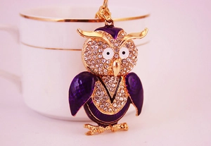 Macro shot of a jeweled owl keychain with purple enamel and crystal accents