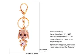 Dimensions détaillées du porte-clés chien en cristal rose avec une longueur totale de 12,5cm