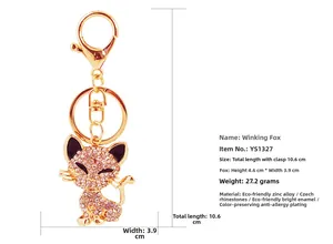 Detailed dimensions of the crystal-embedded fox keychain with length and weight info