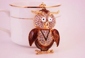 Detailed close-up of a sparkling owl keychain with crystals and gold-tone finish