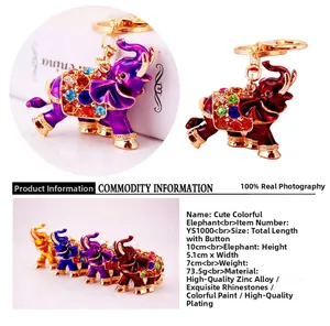 Detailed view of rhinestone encrusted elephant keychain with size measurements and dimensions