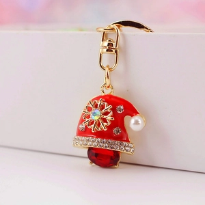 Porte-clés de Noël Mignon en Alliage Émaillé Motif Bonnet Avec Flocon en Strass Künstliche Perle et Pendentif Gemme Rouge Cadeau de Fête