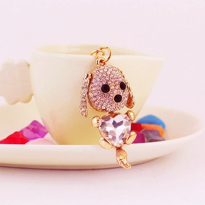 Porte-clés chien en cristal avec gemme en forme de cœur doré et strass scintillants