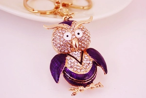 Macro detail of owl keychain with purple enamel and sparkling white crystal rhinestones