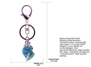 Detail view of colorful conch keychain with blue rhinestones and dimensions shown