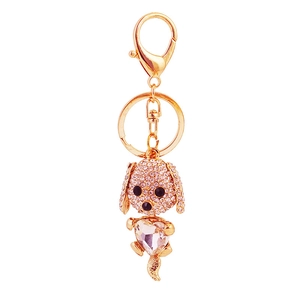 Portachiavi a forma di cane in cristallo con strass rosa e un grande cuore di cristallo