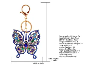 Detailed view of butterfly keychain with colorful rhinestones and lobster clasp