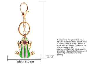 Detailed dimension view of crystal frog keychain with zinc alloy and purple rhinestones