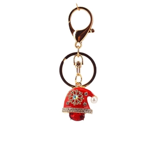 Porte-clés bonnet de Noël étincelant avec cristal rouge et strass sur anneau doré