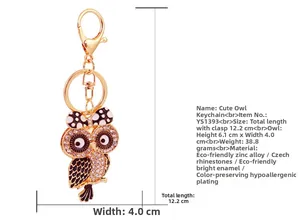 Tableau des tailles du porte-clés hibou en cristal avec dimensions et poids détaillés