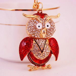 Sparkling cute owl keychain with red enamel wings and crystal rhinestones on gold metal