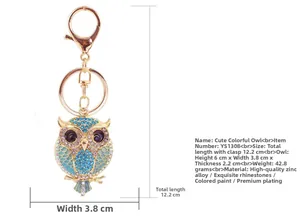 Detailed dimensions of crystal owl keychain with gold plating and rhinestones
