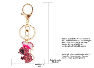 Detailed size and weight specs for the cute red crystal mouse keychain in gold finish