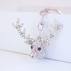 Sparkling crystal reindeer head keychain featuring silver alloy and iridescent AB rhinestones