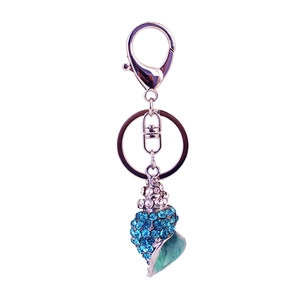 Cute creative seashell keychain with sparkling blue rhinestones and silver metal clip