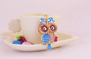 Détail d'un porte-clés hibou mignon avec strass blancs sur une tasse décorée