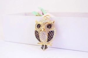 Vue détaillée du porte-clés hibou avec strass étincelants et finitions en émail
