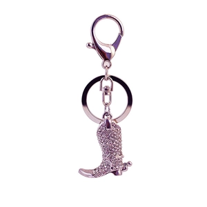 Porte-clés botte de cowboy créatif avec strass brillants et attache en métal argenté