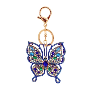 Sparkling butterfly keychain with colorful crystals and golden lobster clasp on white