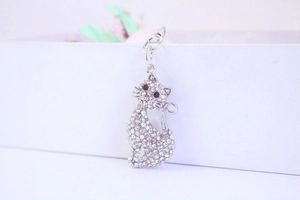 Détail d'un porte-clés chat mignon orné de strass brillants et de yeux en cristal noir