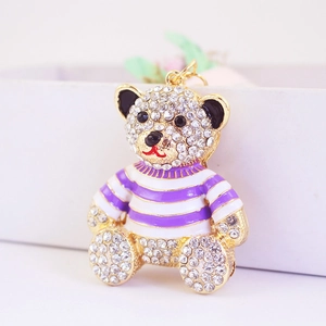 Portachiavi orso con strass brillanti e anello in metallo dorato con smalto
