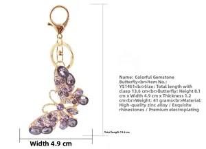 Specifiche delle dimensioni del portachiavi a farfalla con strass viola e oro