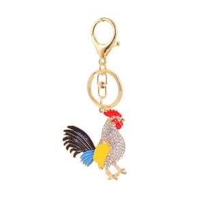 Porte-clés coq scintillant avec strass colorés et fermoir mousqueton doré pour sac à main
