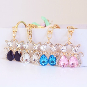 Cute Zinc Alloy Double Cat Keychain With Rhinestone Artificial Crystal Inlaid Animal Bag Charm Keyring Jewelry For Women Girls