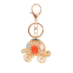 Creative golden pumpkin carriage keychain with orange cat eye stone and sparkling crystals