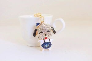 Detail of cute dog keychain with white rhinestones and auspicious golden character